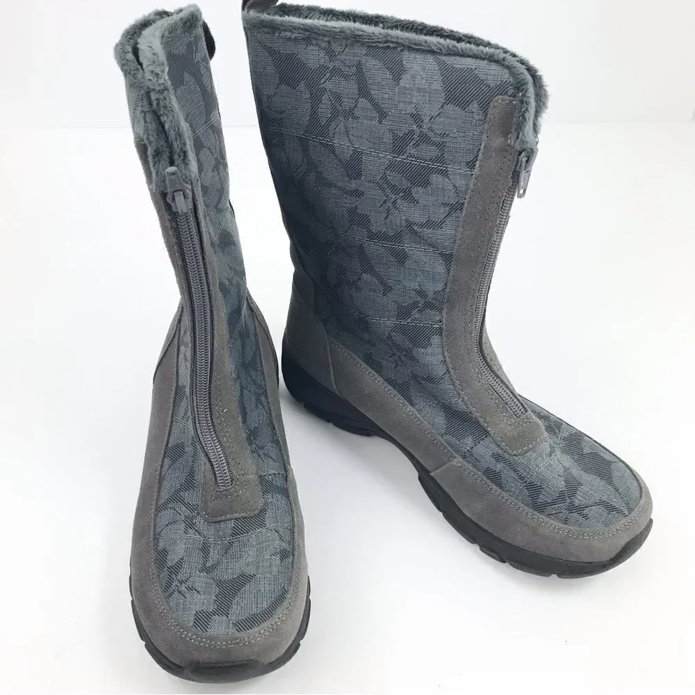 Land’s End Gray Suede Floral Canvas Front Zip Faux Fur Lined Thermolite Boot NEW